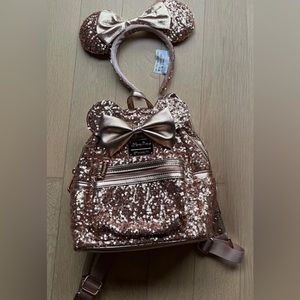 Disneyparks Minnie Loungefly rose gold mini Backpack and ears bundle